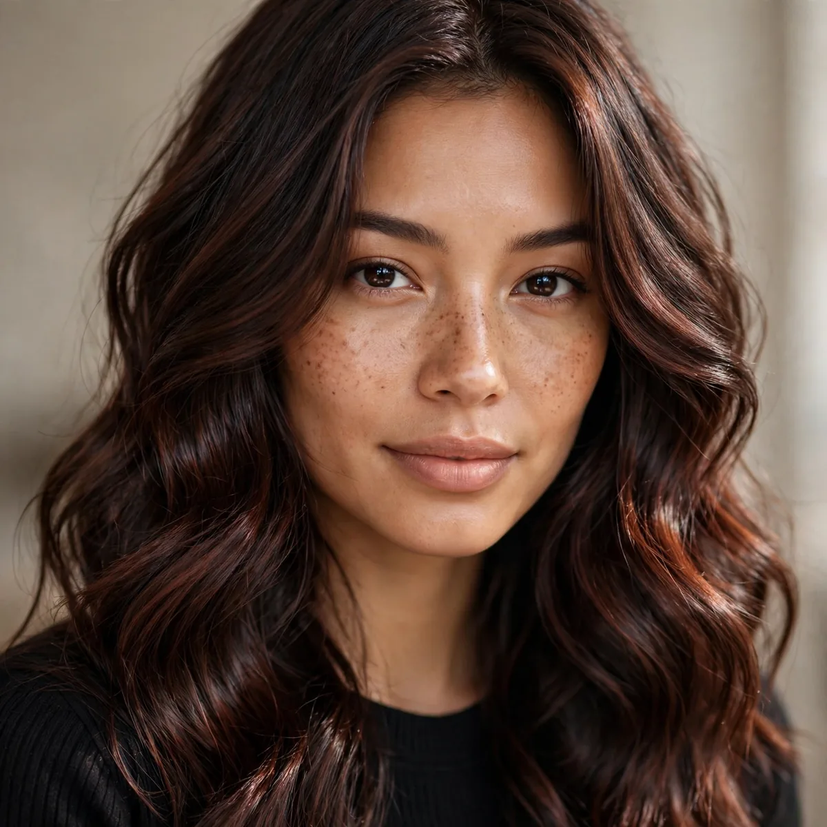 Woman with chocolate cherry cola brown hair