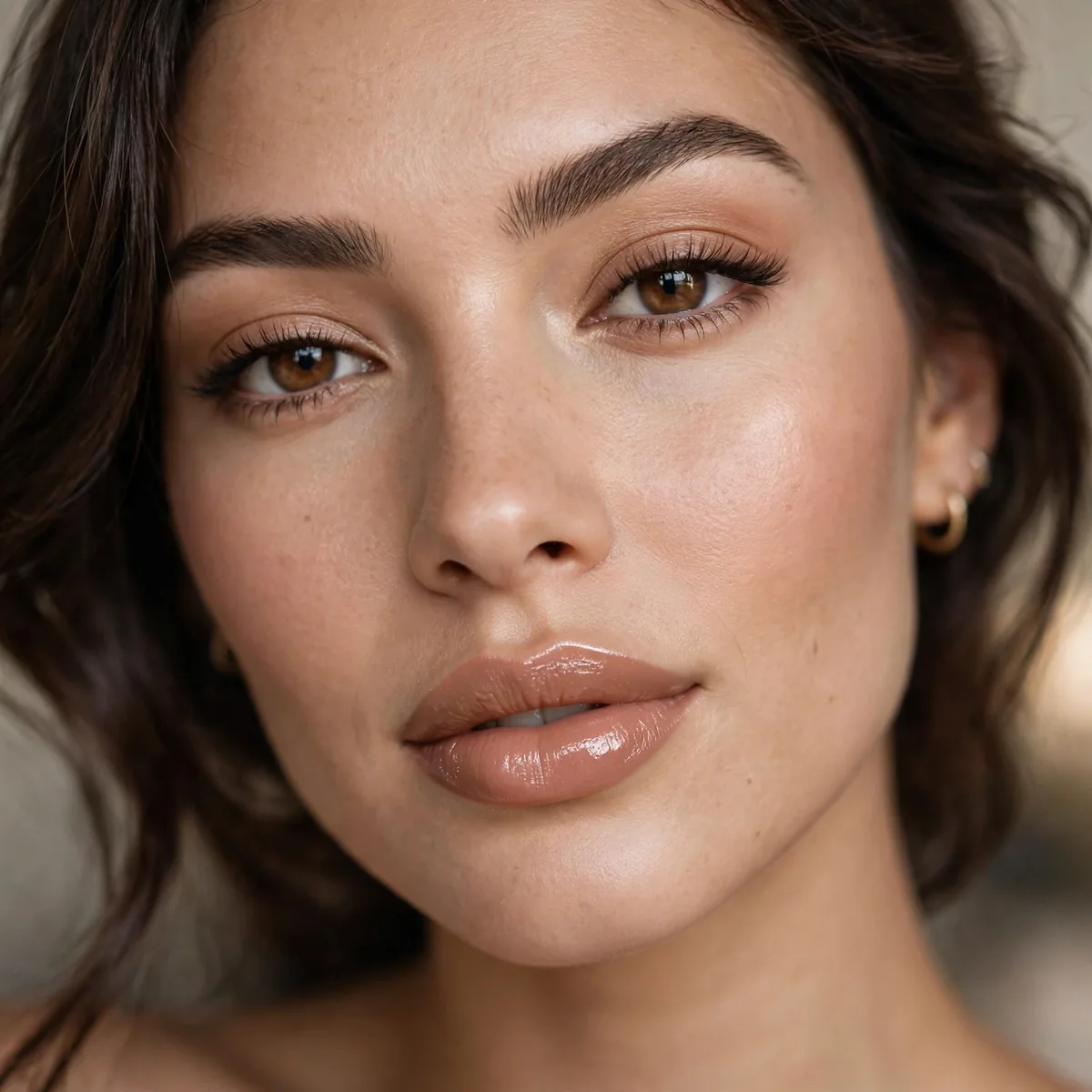 Woman with a polished nude lip makeup look