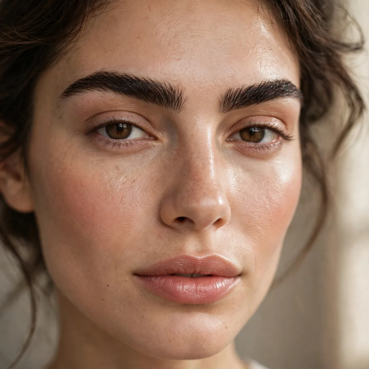 Woman with defined brows and natural bare lids