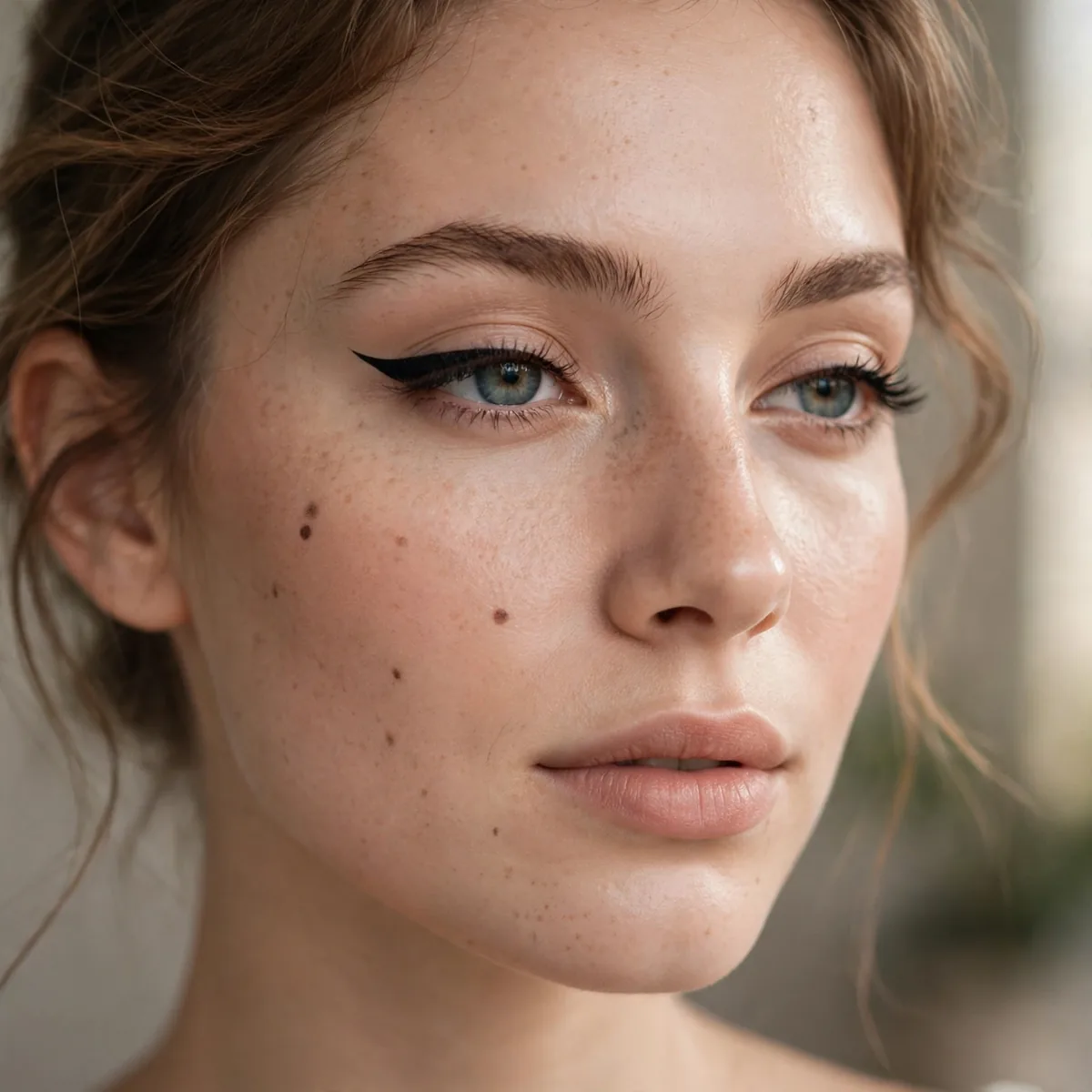 Woman with winged eyeliner and fresh natural makeup