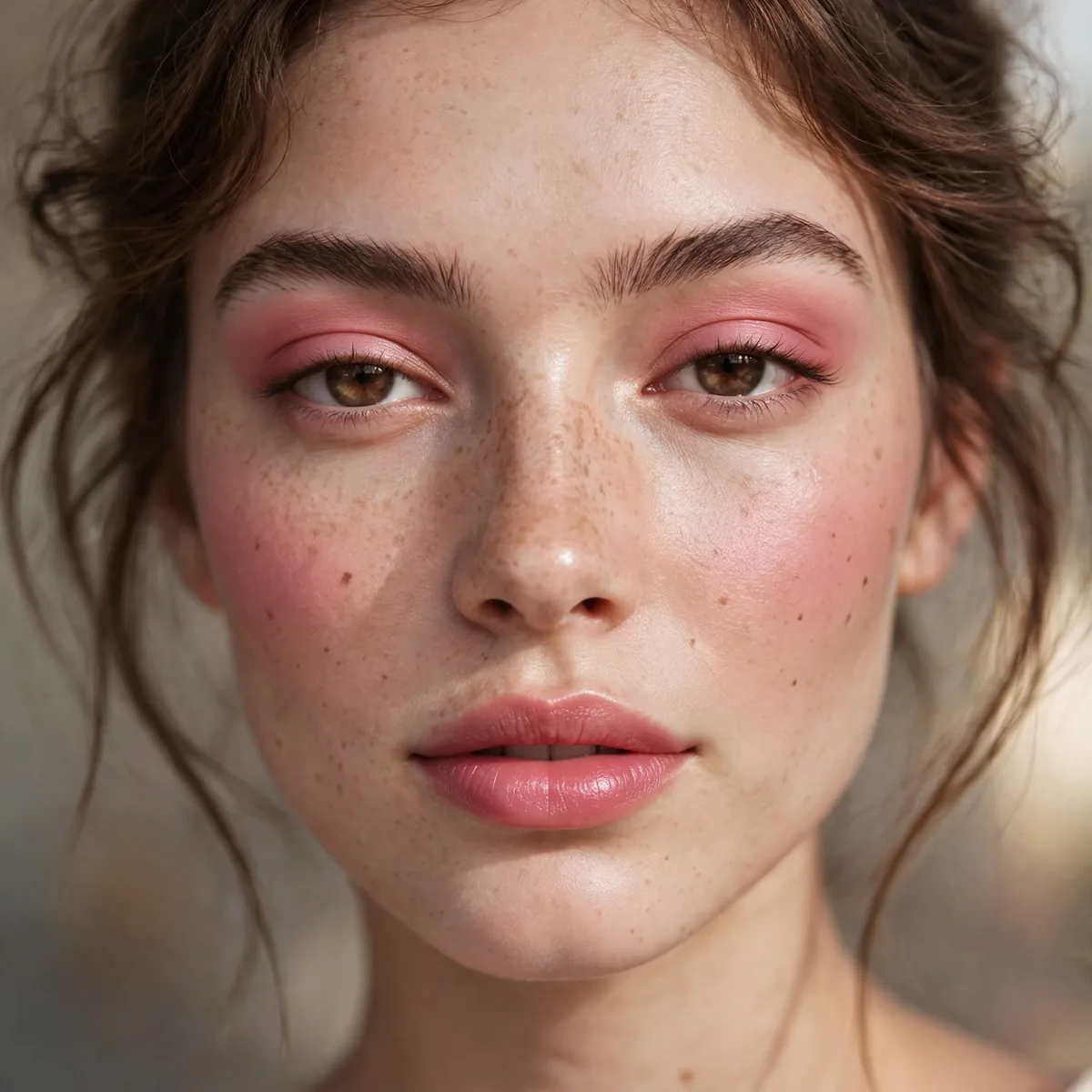 Woman with rosy monochrome makeup on eyes cheeks and lips