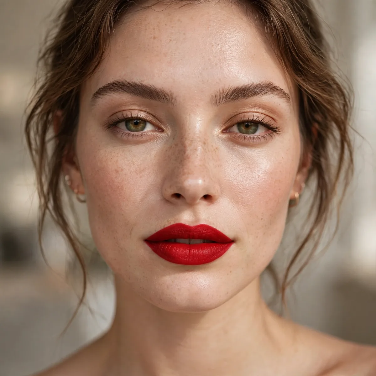 Woman with a red lip daytime makeup look