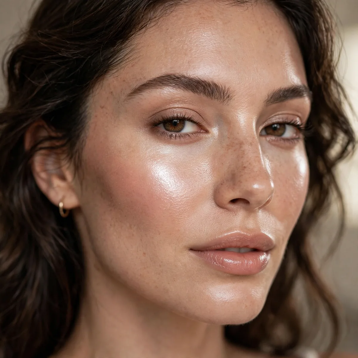 Woman with dewy highlighted cheekbones