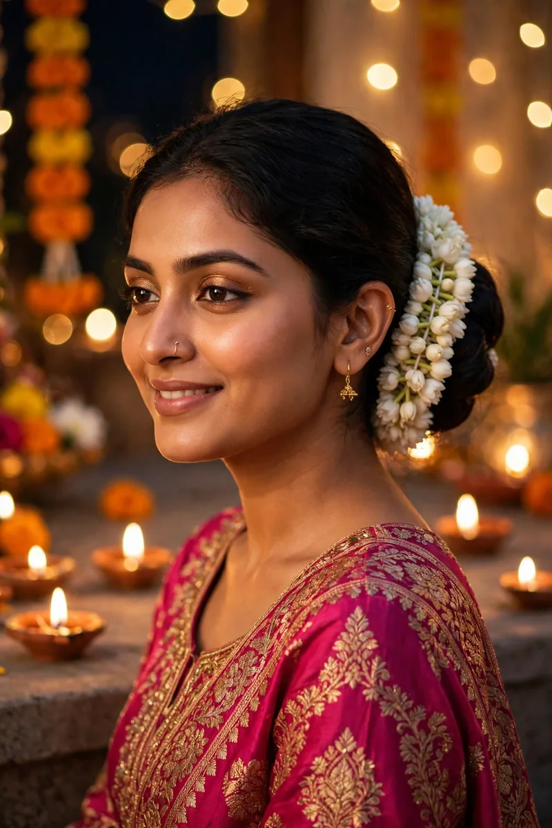 Gajra Low Bun — Diwali festive look