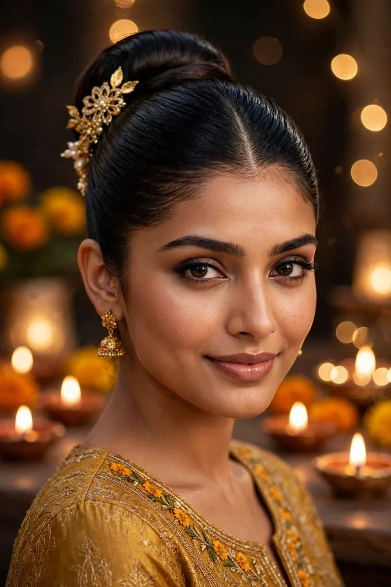 Sleek High Bun with Middle Part — Diwali festive look