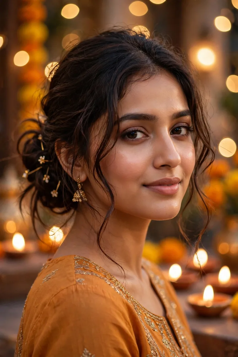 Messy Low Bun with Loose Tendrils — Diwali festive look