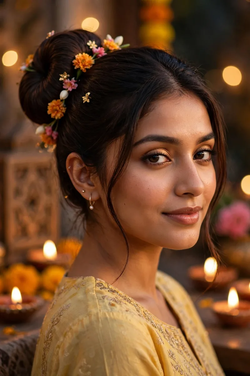Donut Bun with Floral Pins — Diwali festive look