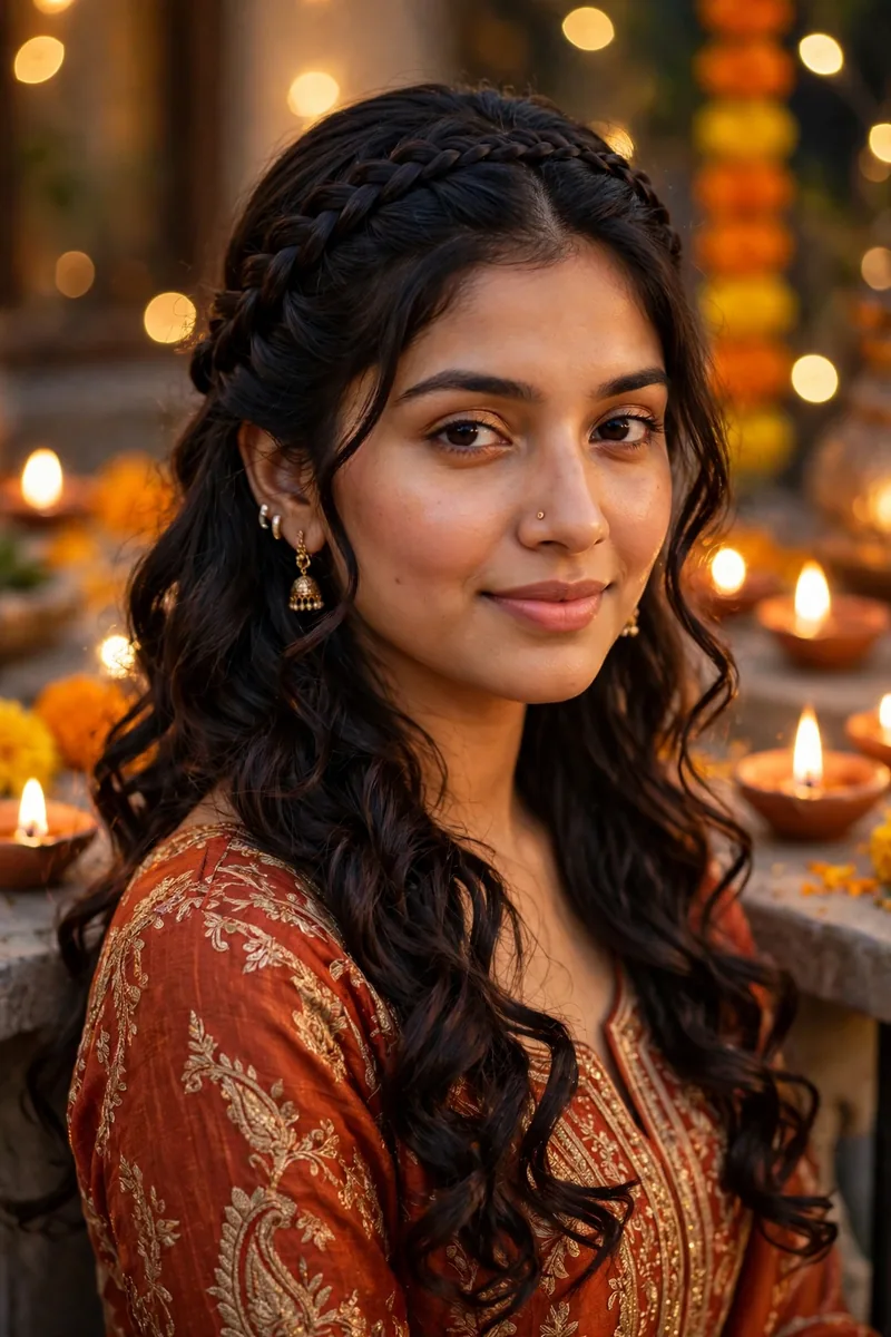 Waterfall Braid with Curls — Diwali festive look