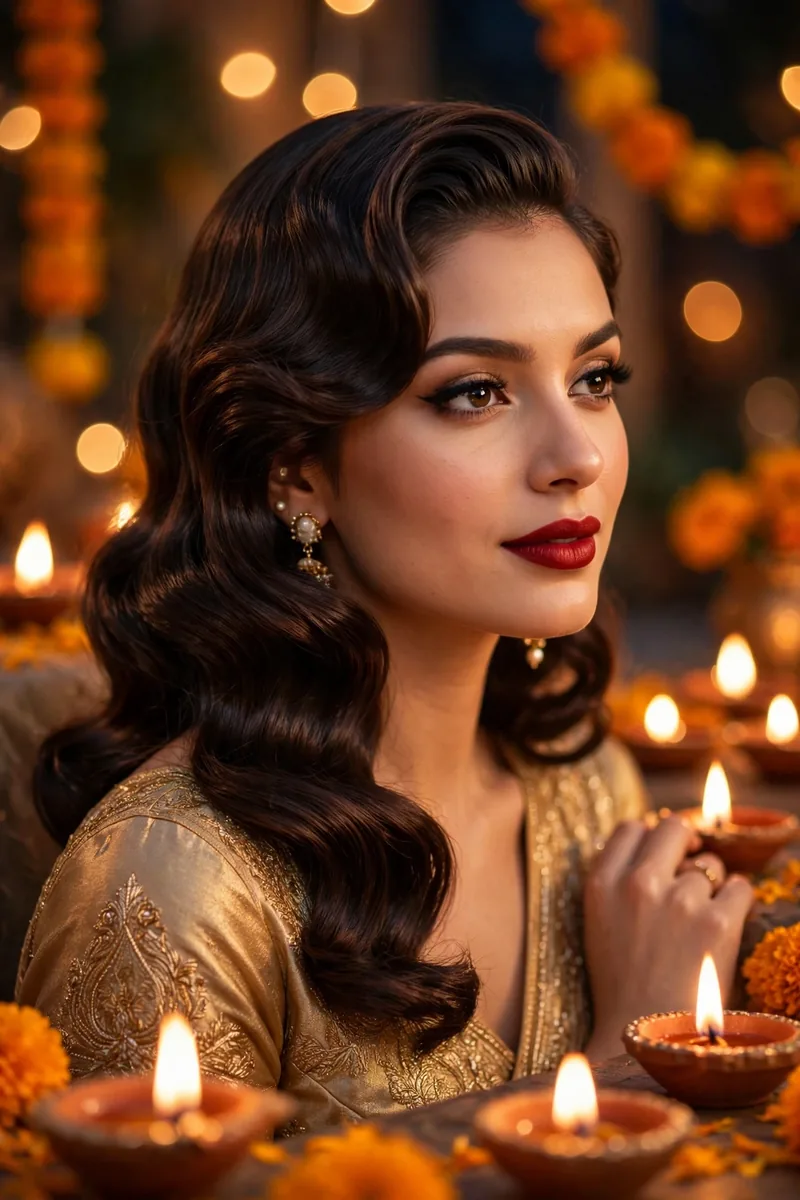 Side-Swept Vintage Waves — Diwali festive look
