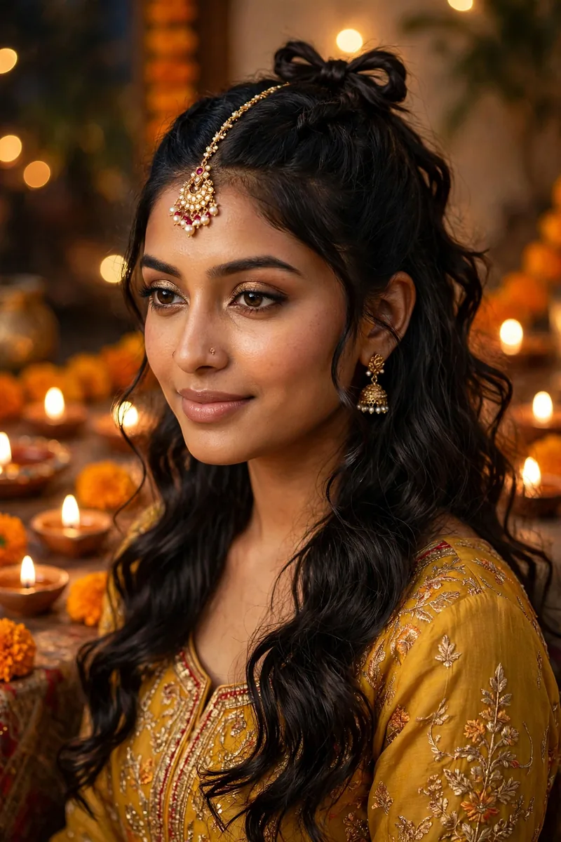 Half-Up with Maang Tikka — Diwali festive look