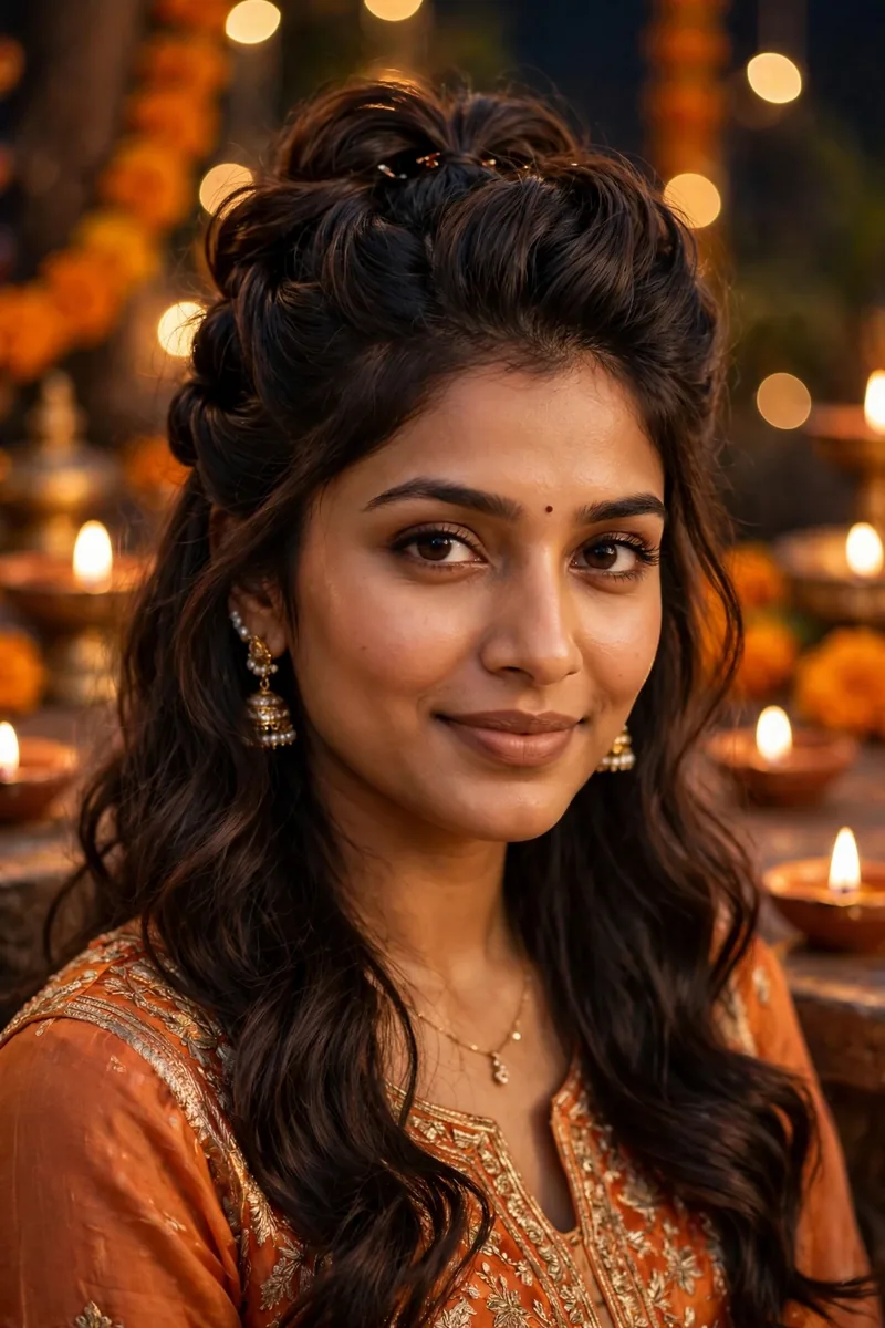 Twisted Half-Updo with Volume — Diwali festive look