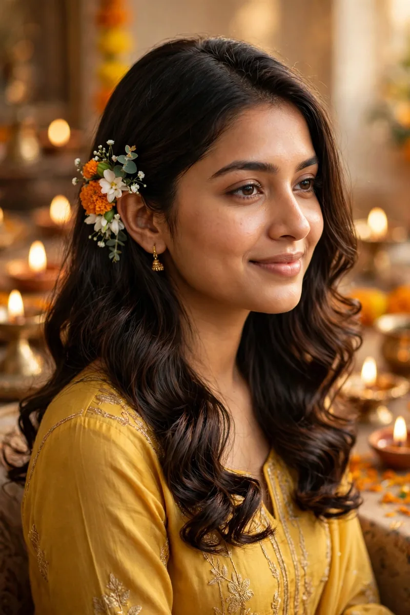Curled Ends with Floral Tuck — Diwali festive look