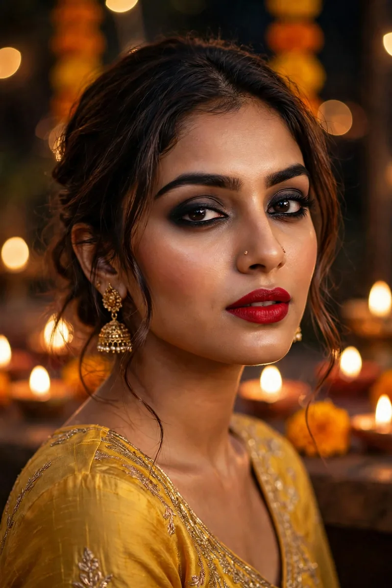Kohl-Rimmed Eyes + Red Lip β Diwali festive look