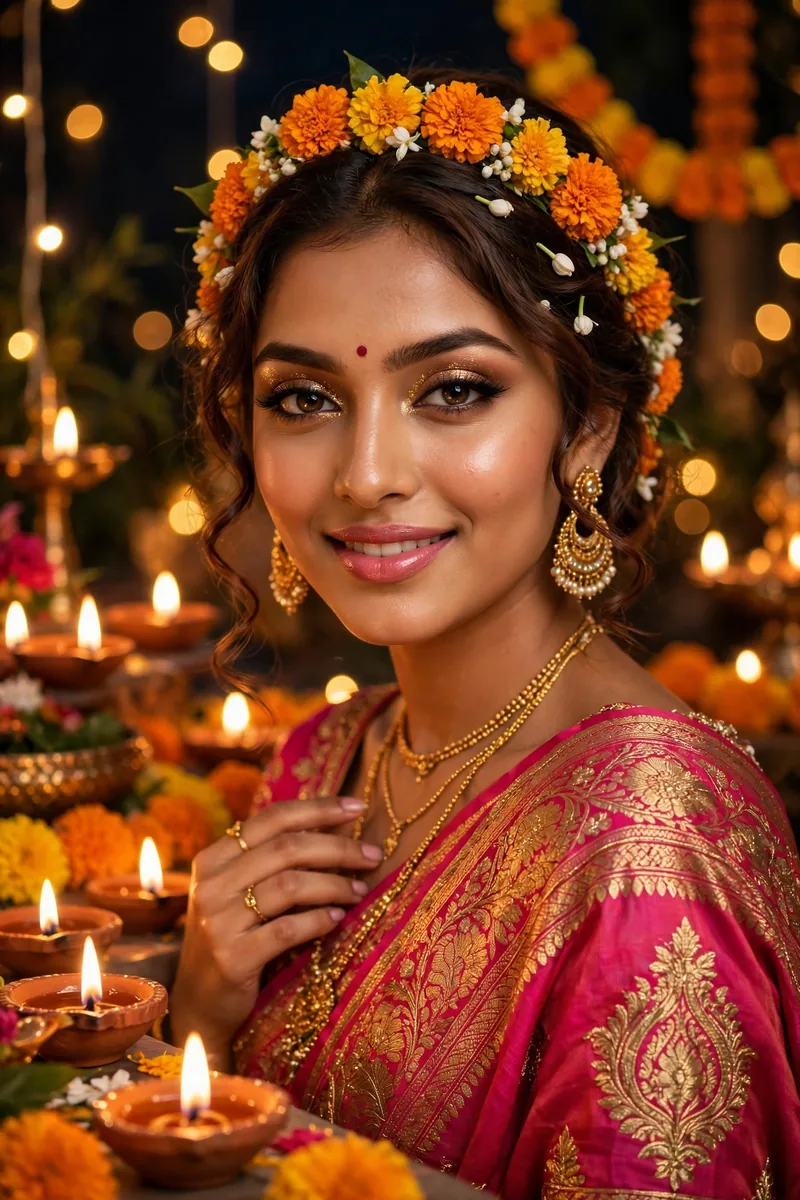 Diwali makeup look with gold eyeshadow and red lips
