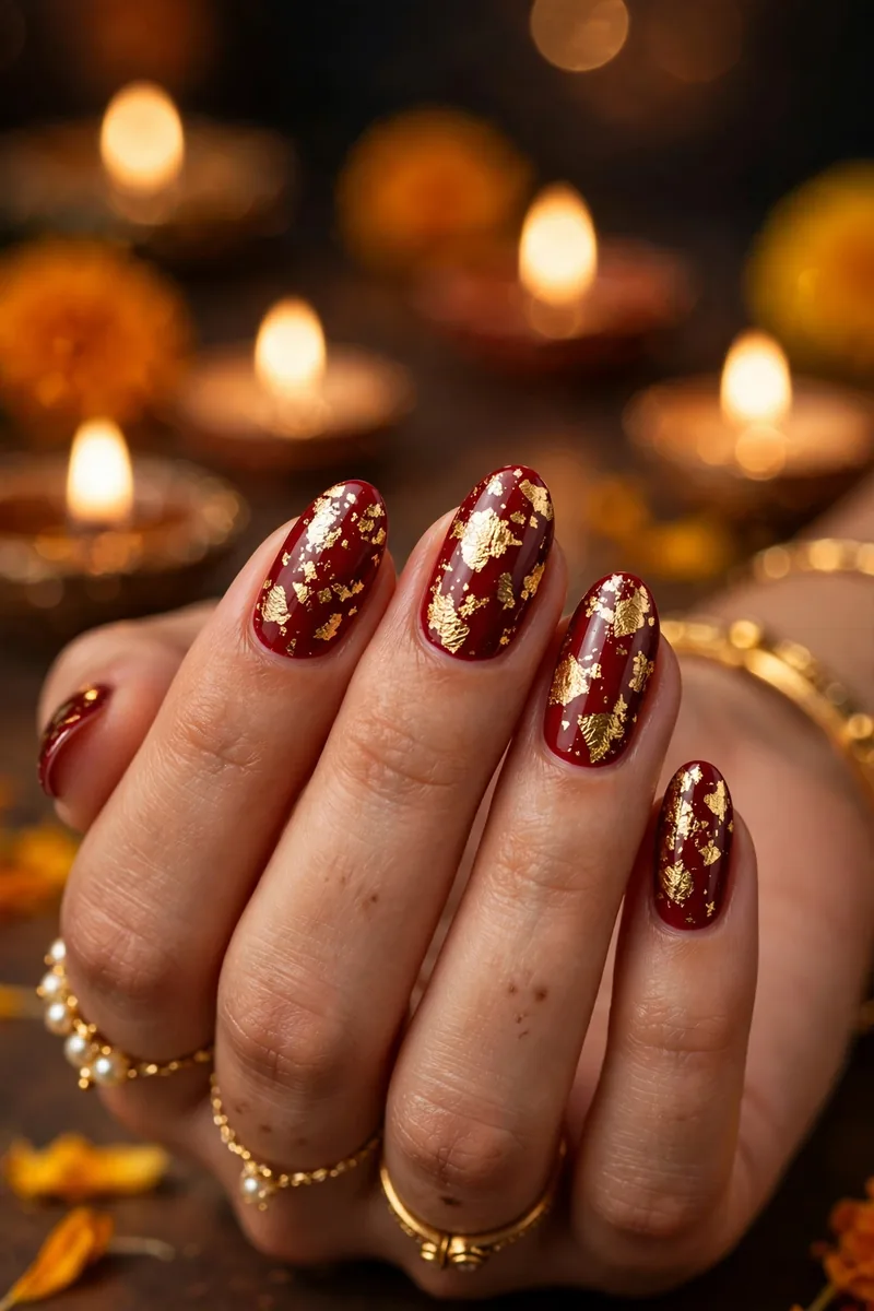 Red Base with Gold Foil Flakes β Diwali festive look