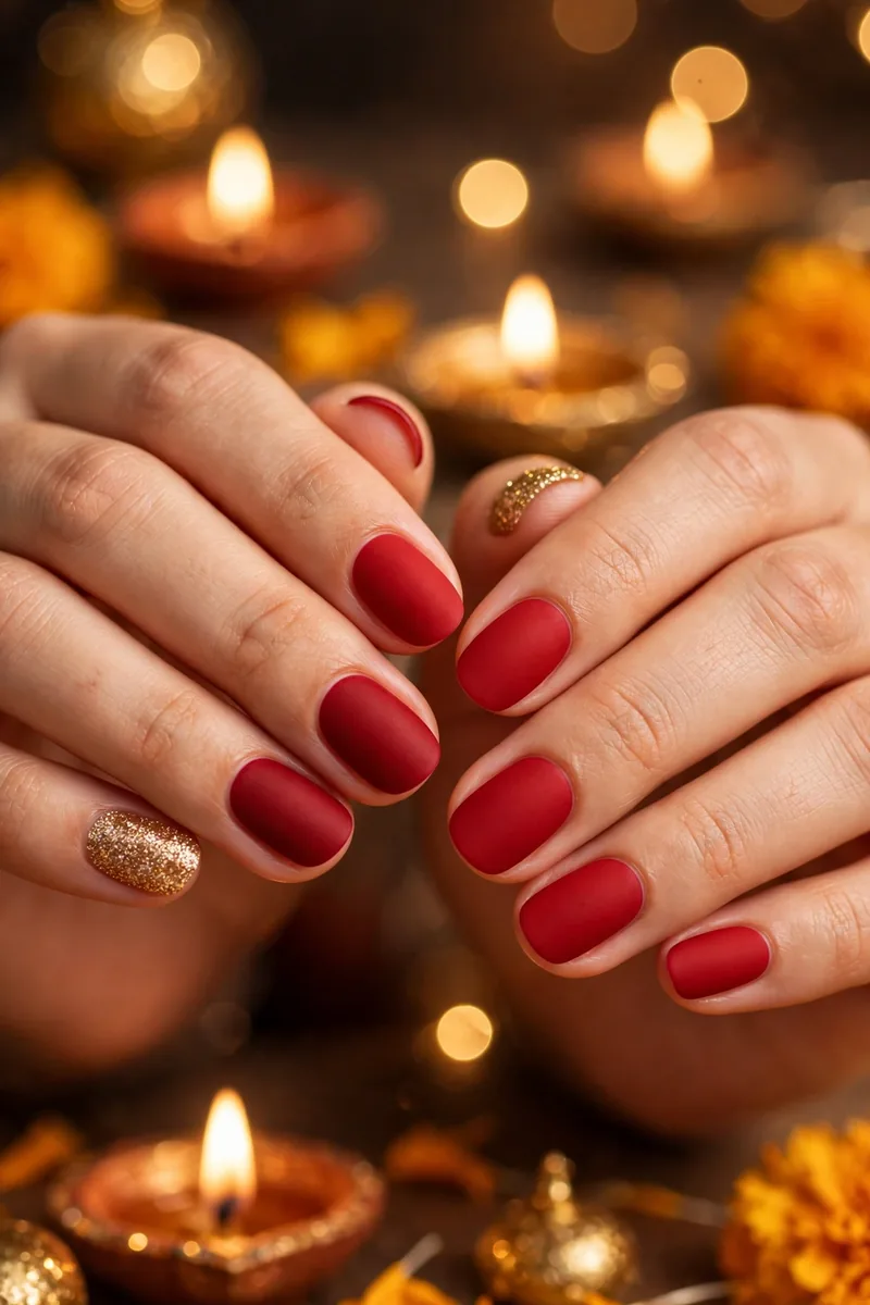 Red Matte with Gold Glitter Accent β Diwali festive look
