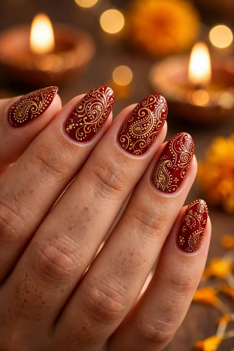 Gold Filigree on Deep Red β Diwali festive look