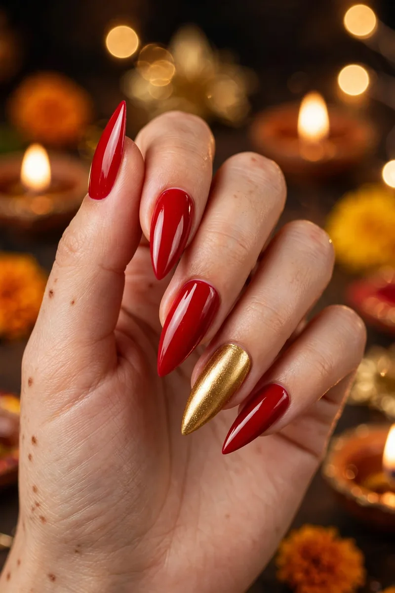 Red Stiletto with Gold Ring-Finger Art β Diwali festive look