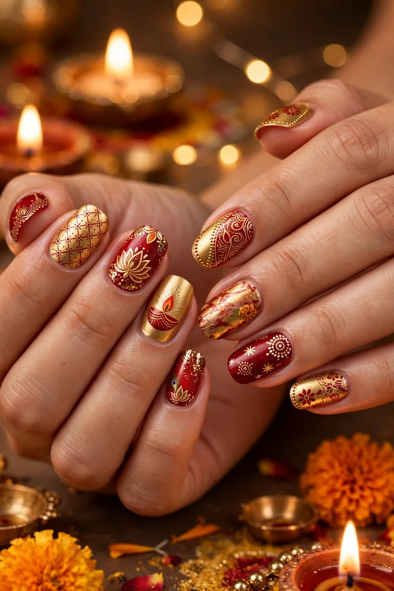 Diwali nail art β deep red nails with gold foil flakes