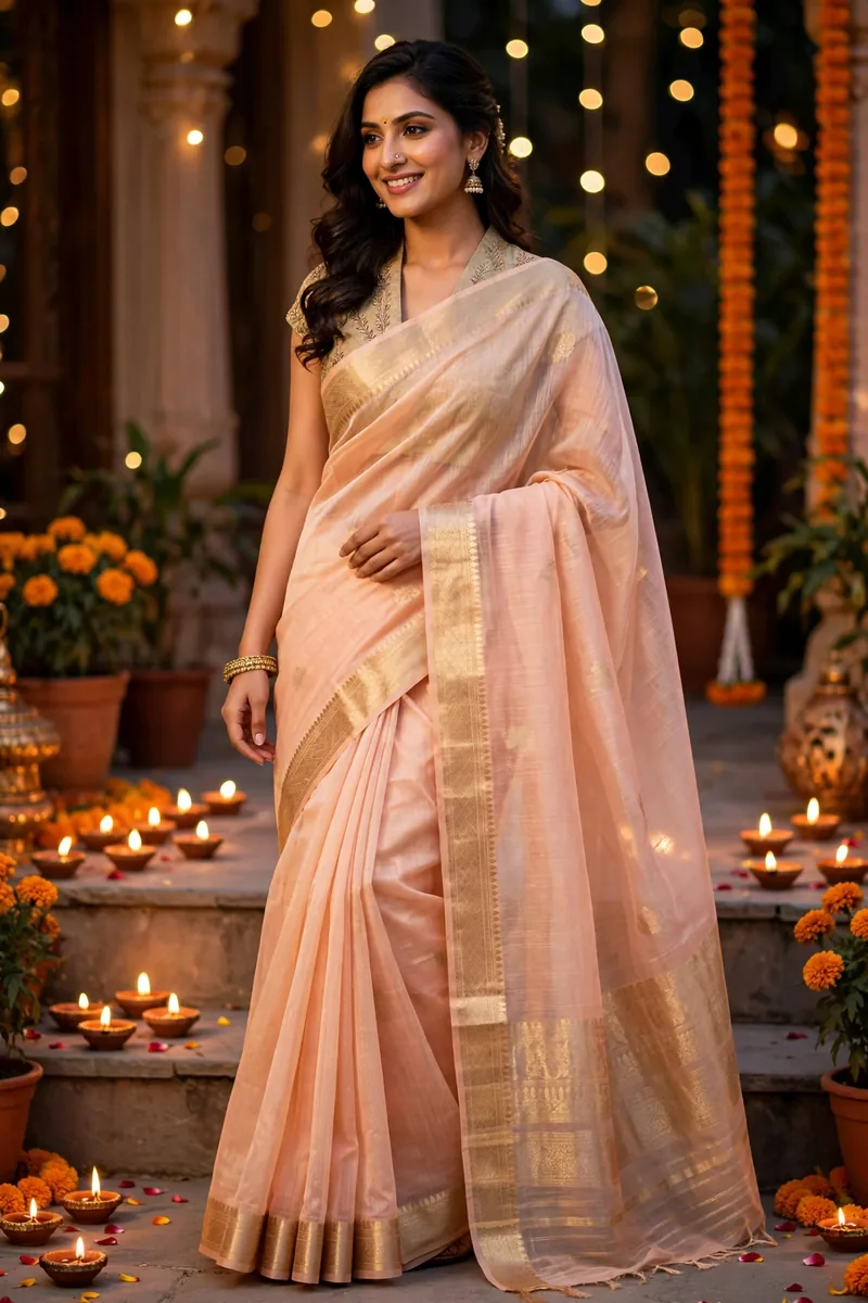Chanderi Saree with Zari Border — Diwali festive look