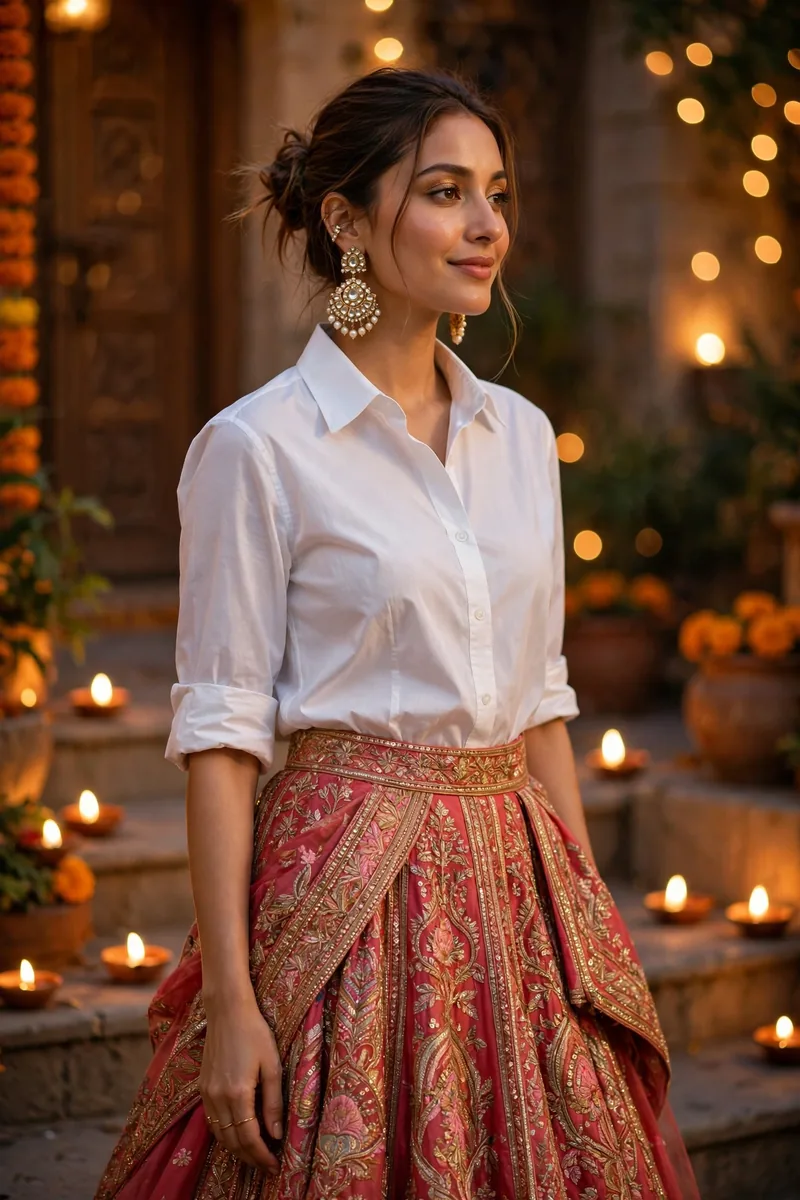 Lehenga Skirt + Crisp White Shirt — Diwali festive look