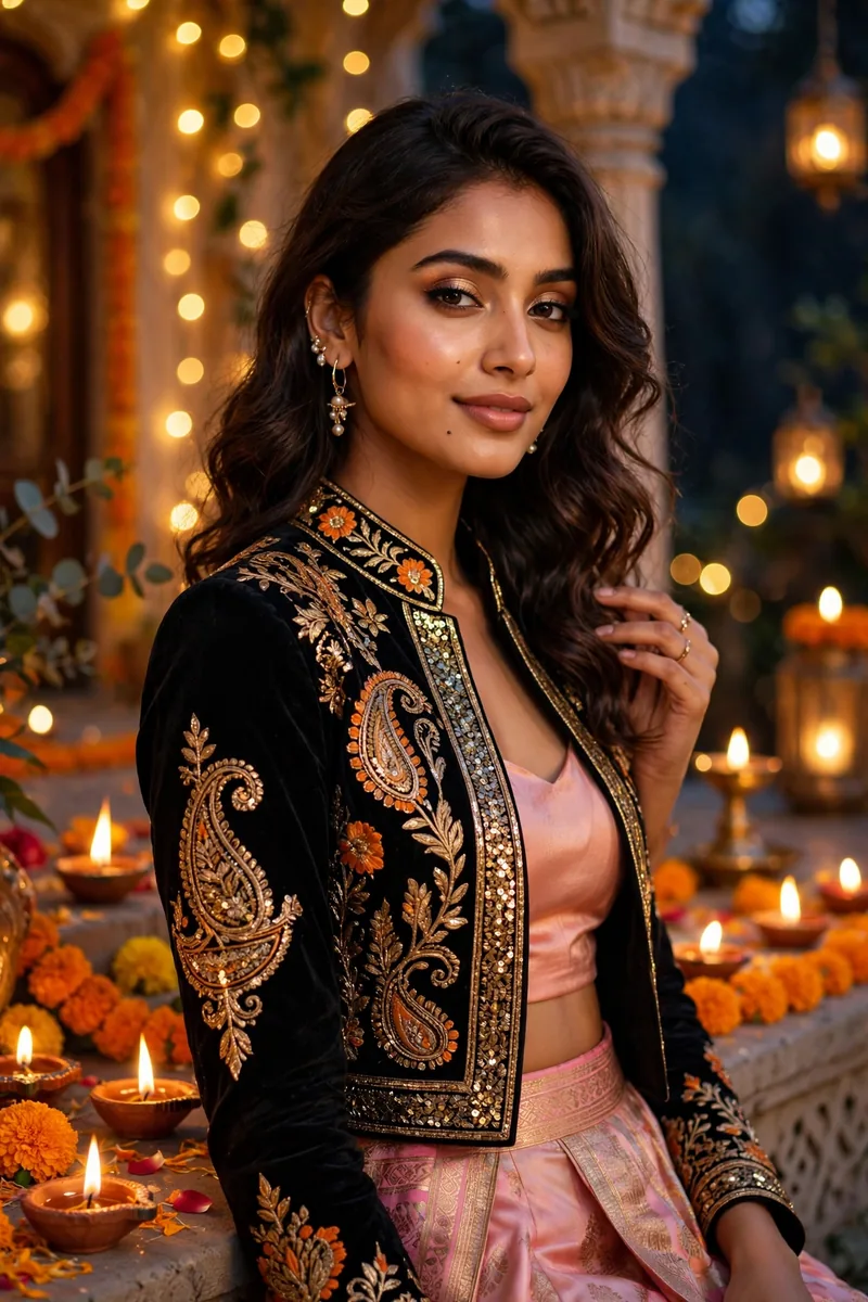 Woman in festive Diwali outfit — embroidered traditional wear