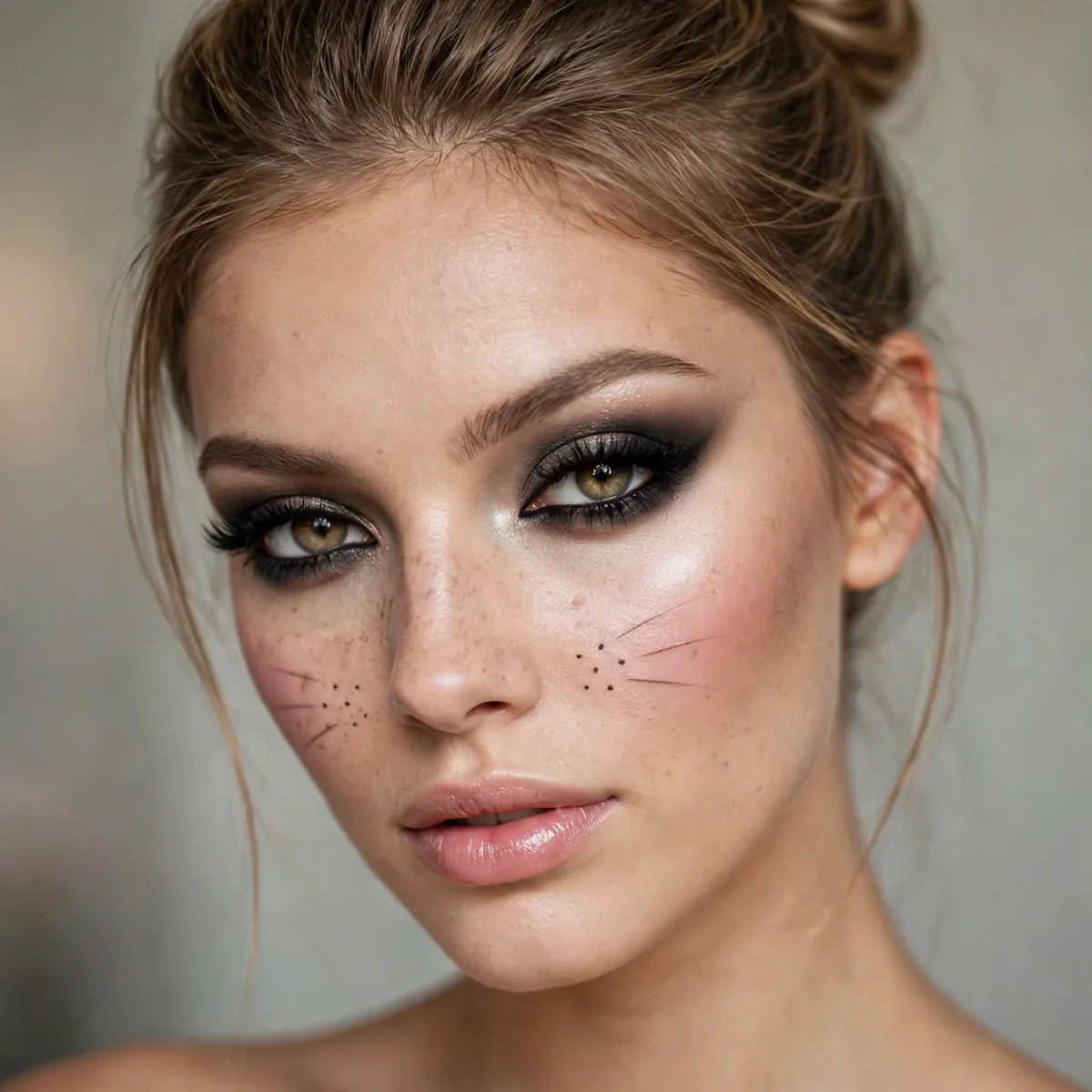 Woman with glamorous bunny makeup and smoky eyes