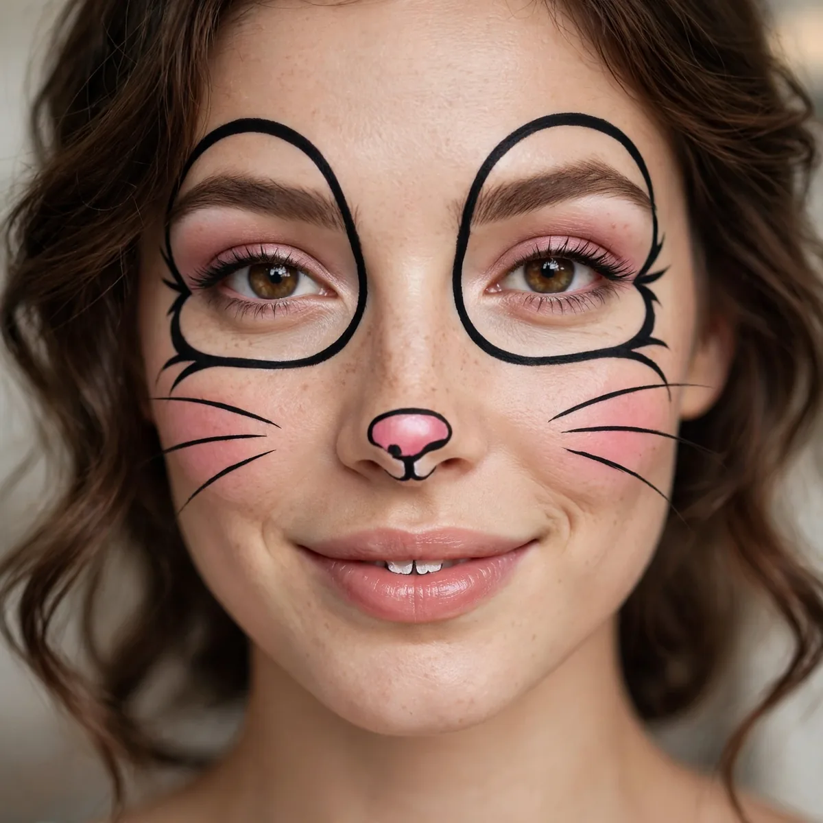 Woman with cartoon-style bunny makeup with bold lines