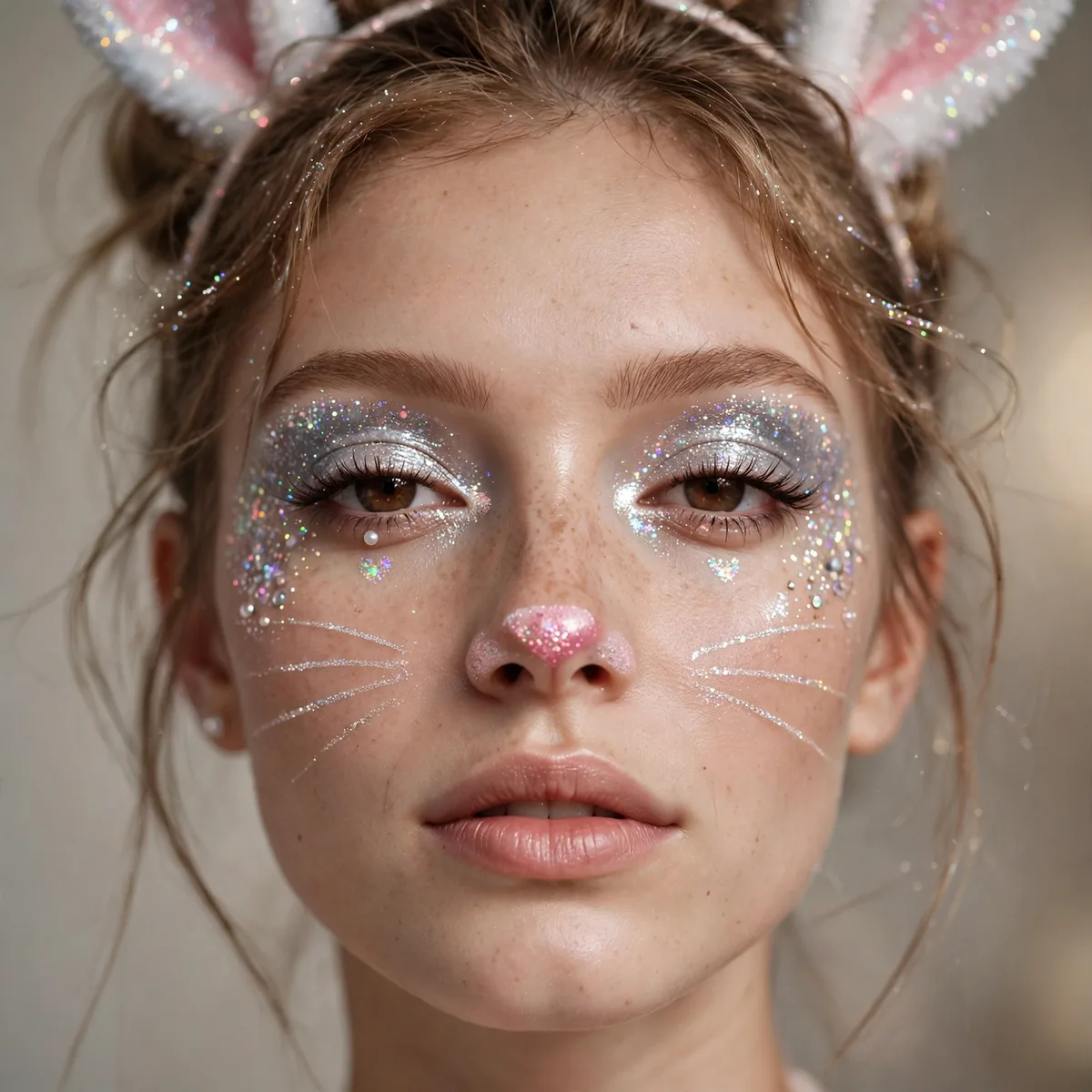 Woman with sparkly glitter festival bunny makeup