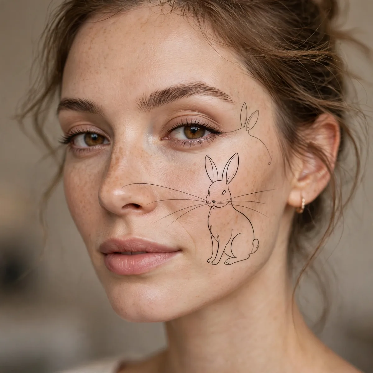 Woman with minimalist line-art bunny makeup