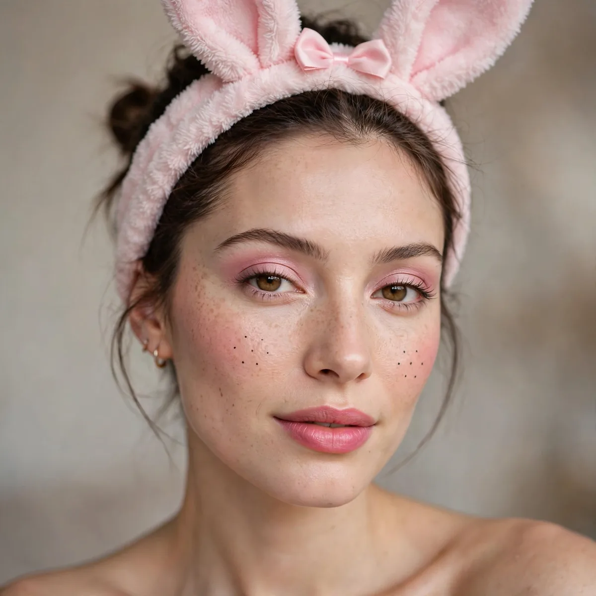Woman with bunny ear headband and matching makeup