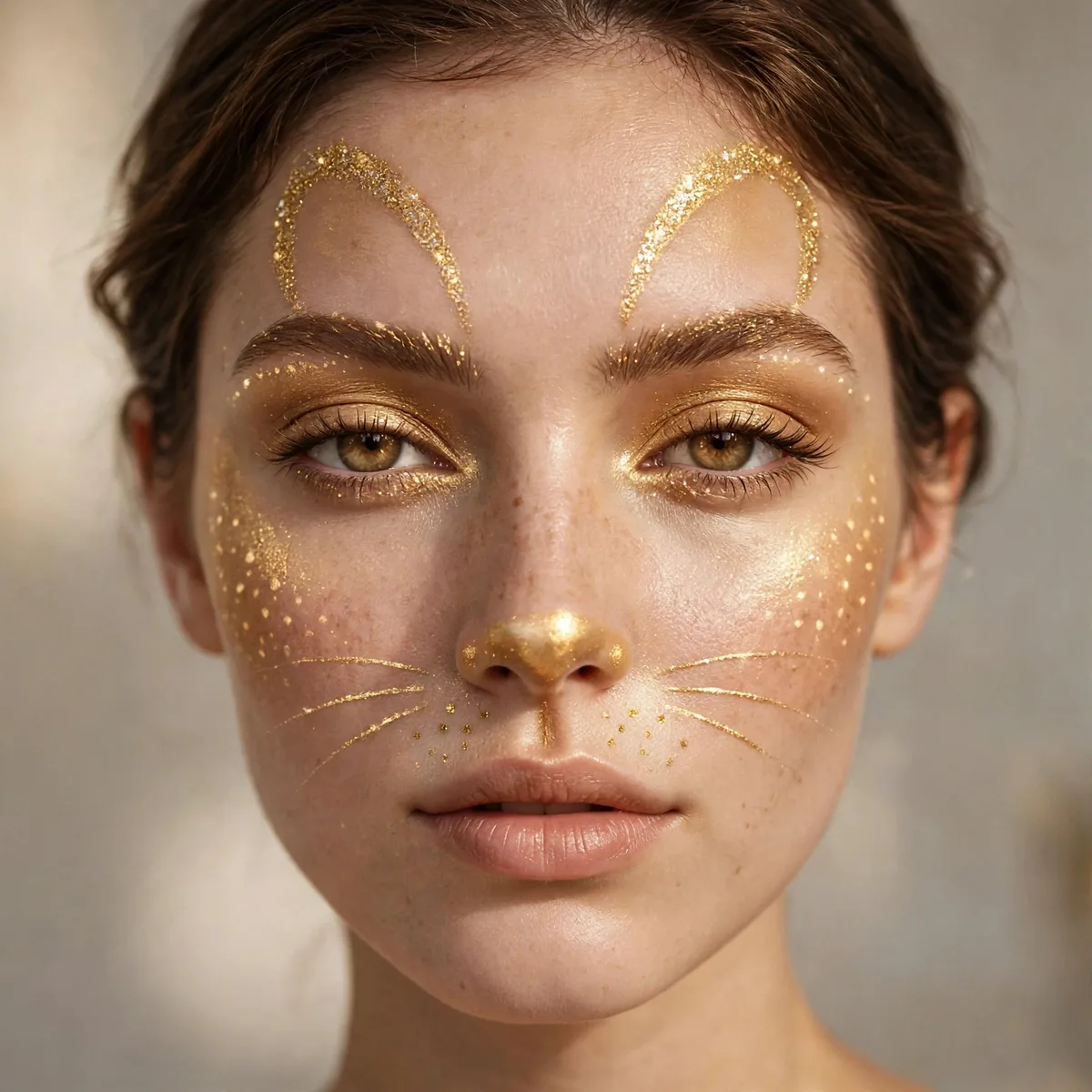 Woman with golden glowing bunny makeup