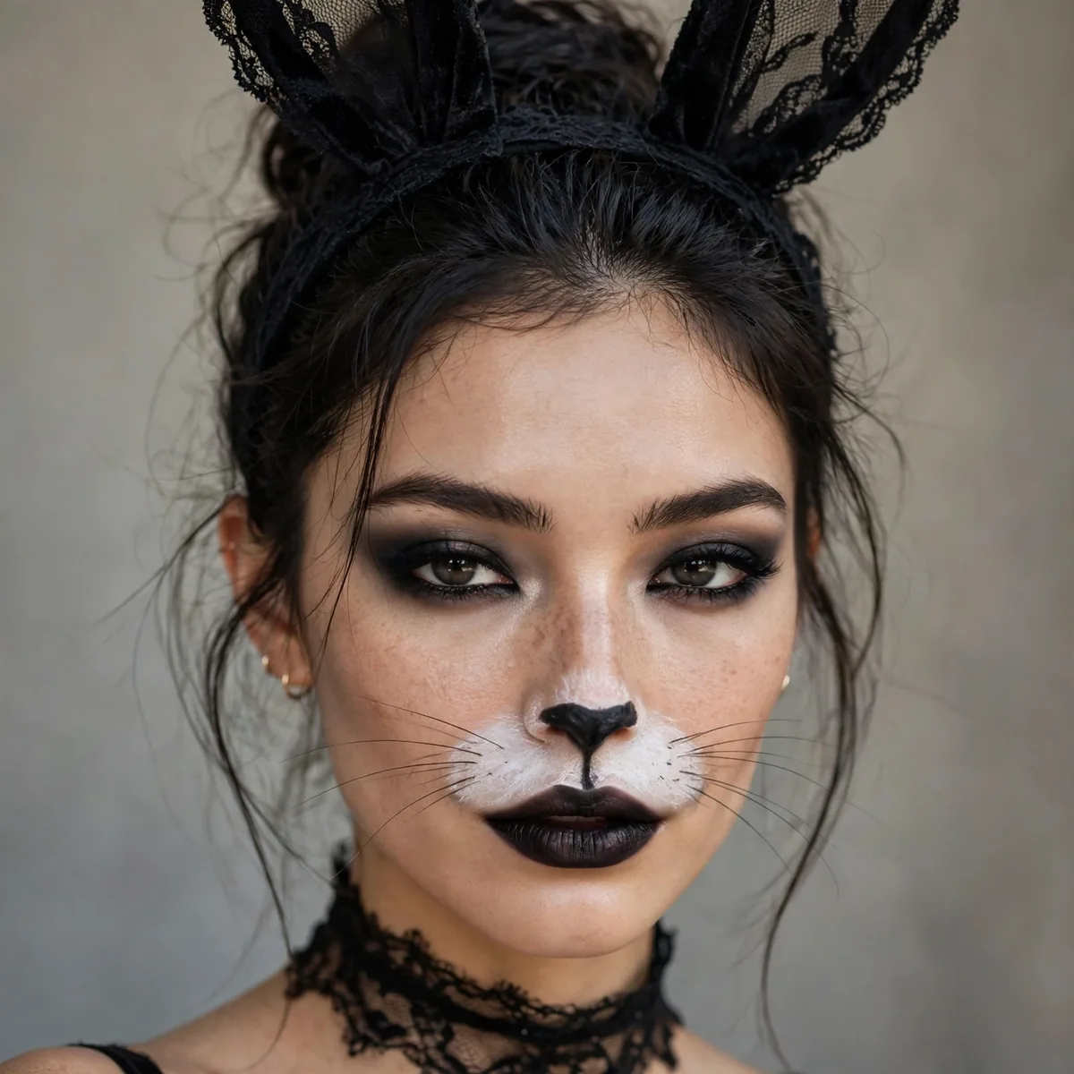 Woman with goth style dark bunny makeup