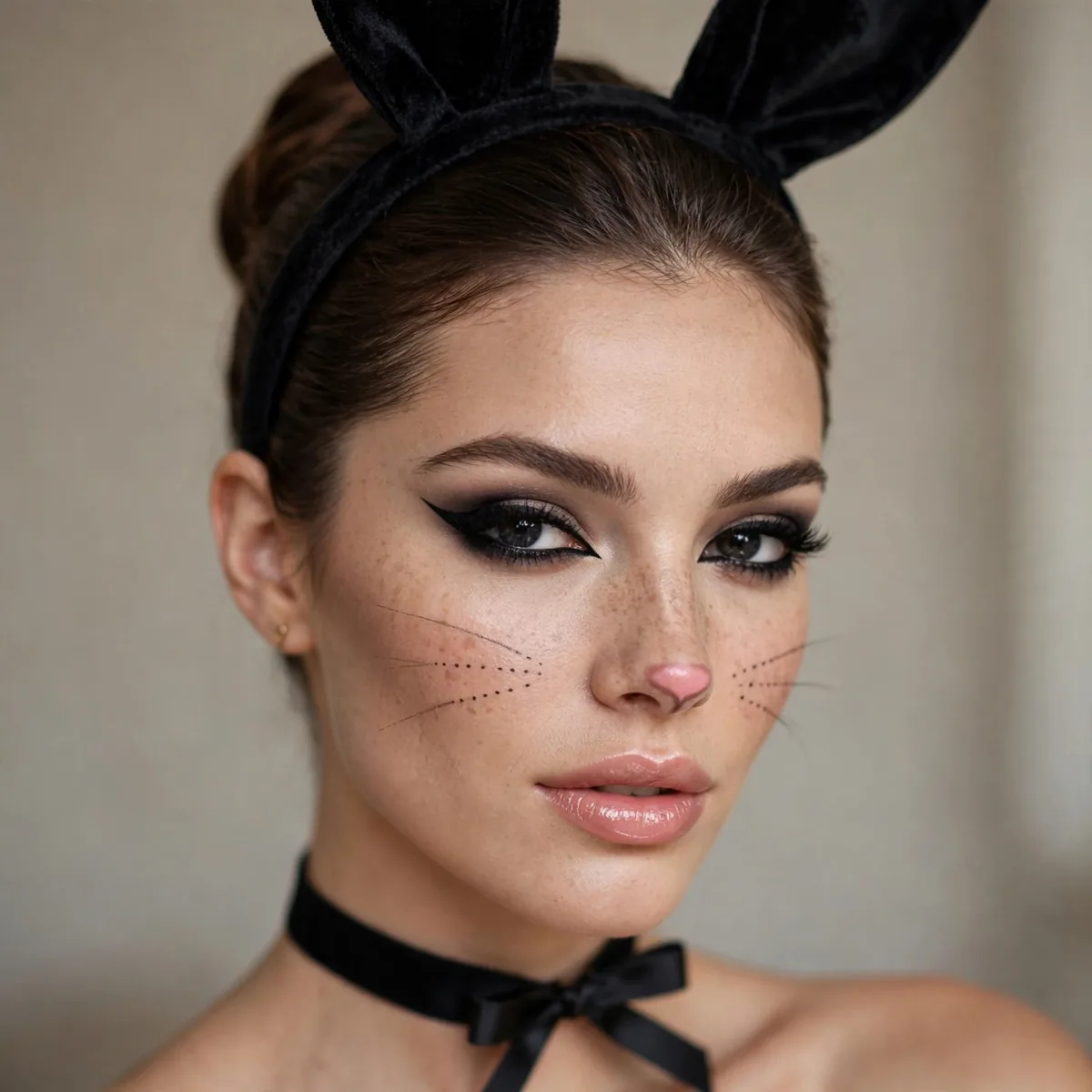 Woman with chic Playboy-style bunny makeup look