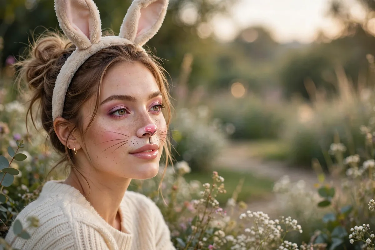 Woman with cute easy bunny costume makeup with whiskers and pink nose