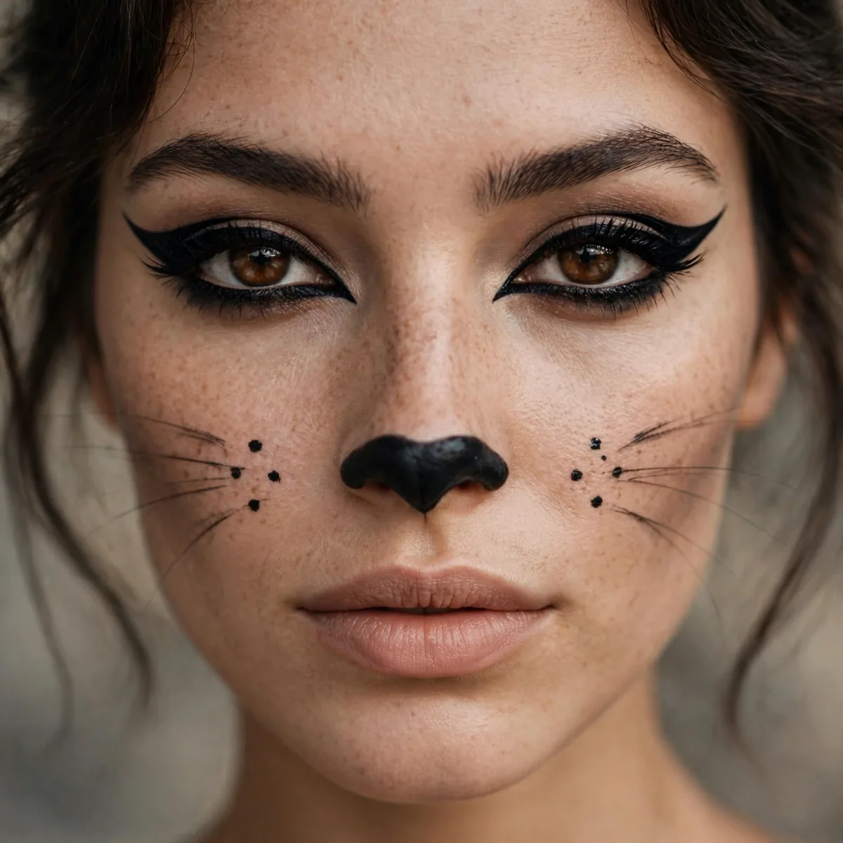 Close-up of classic black cat Halloween makeup with winged eyeliner, black nose, and whisker dots