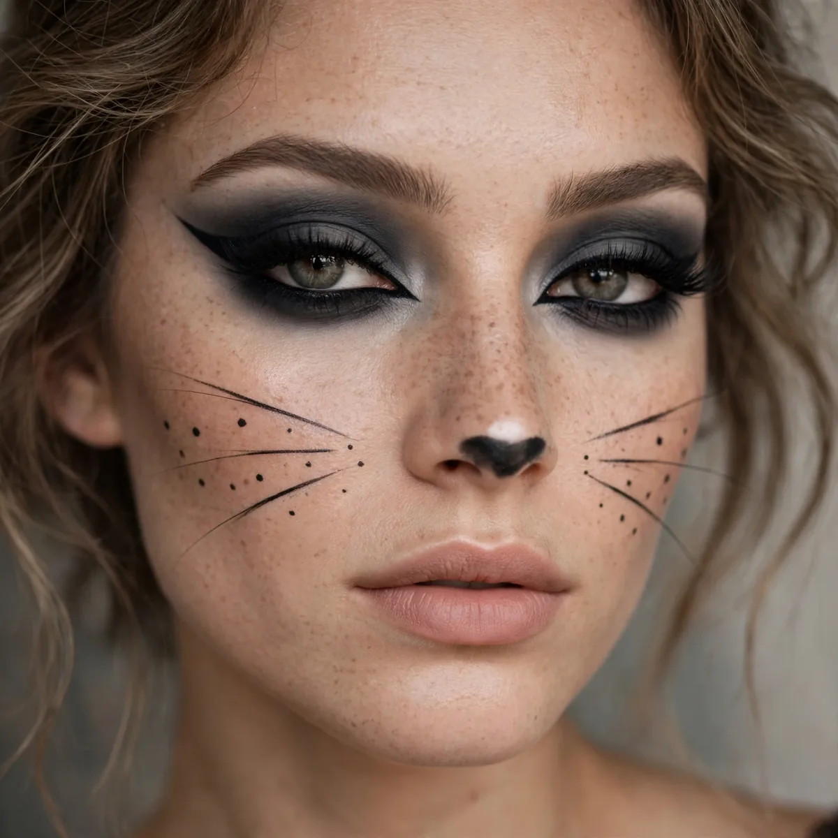 Smokey gray and black cat eye makeup with whiskers for Halloween