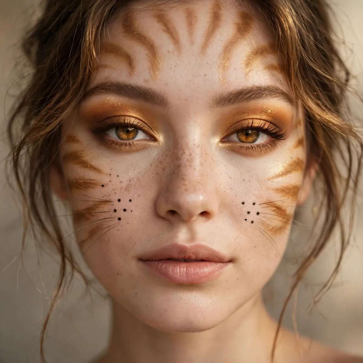 Golden tabby cat makeup with warm amber eyeshadow and striped markings