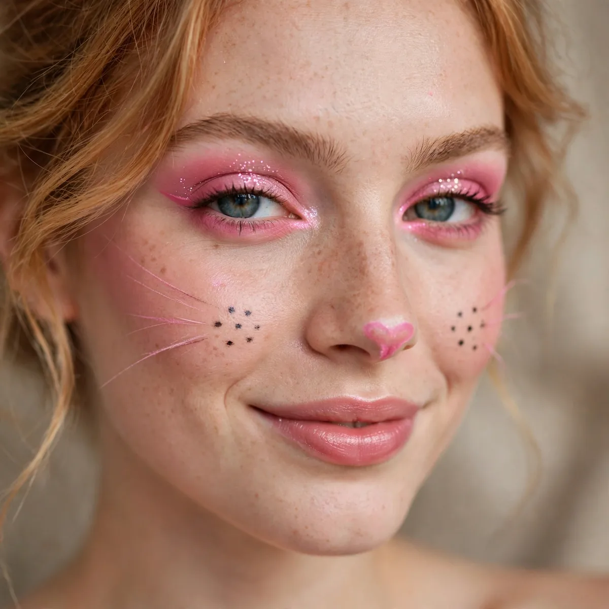 Playful pink cat makeup with rosy eyeshadow and cute whisker dots