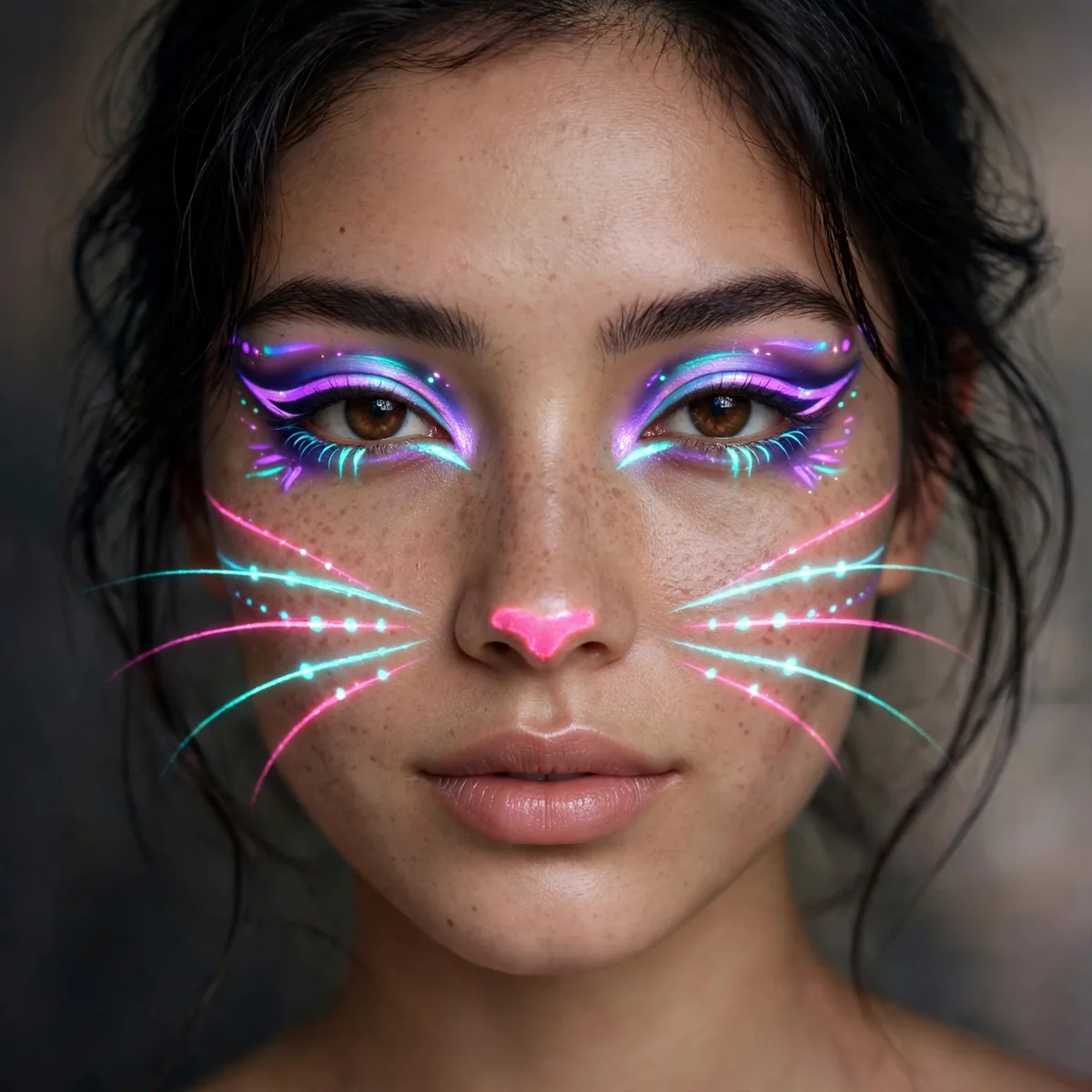 Neon UV-reactive cat makeup glowing under blacklight with bright whiskers