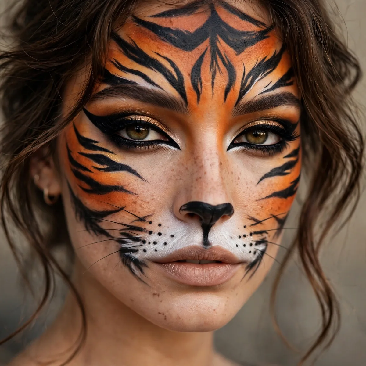 Tiger inspired Halloween makeup with bold orange and black striped markings