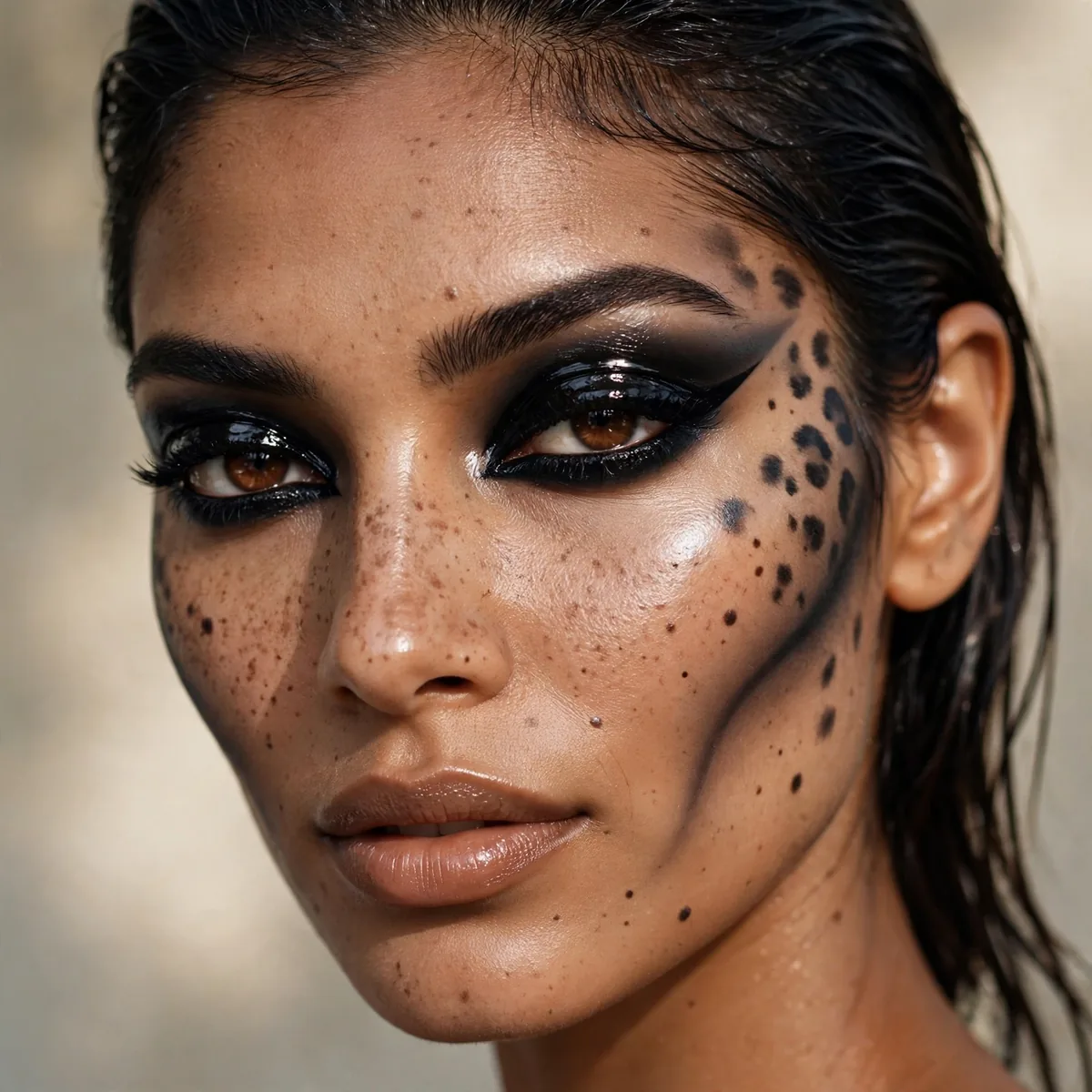 Sleek black panther inspired makeup with glossy lids and dramatic contour