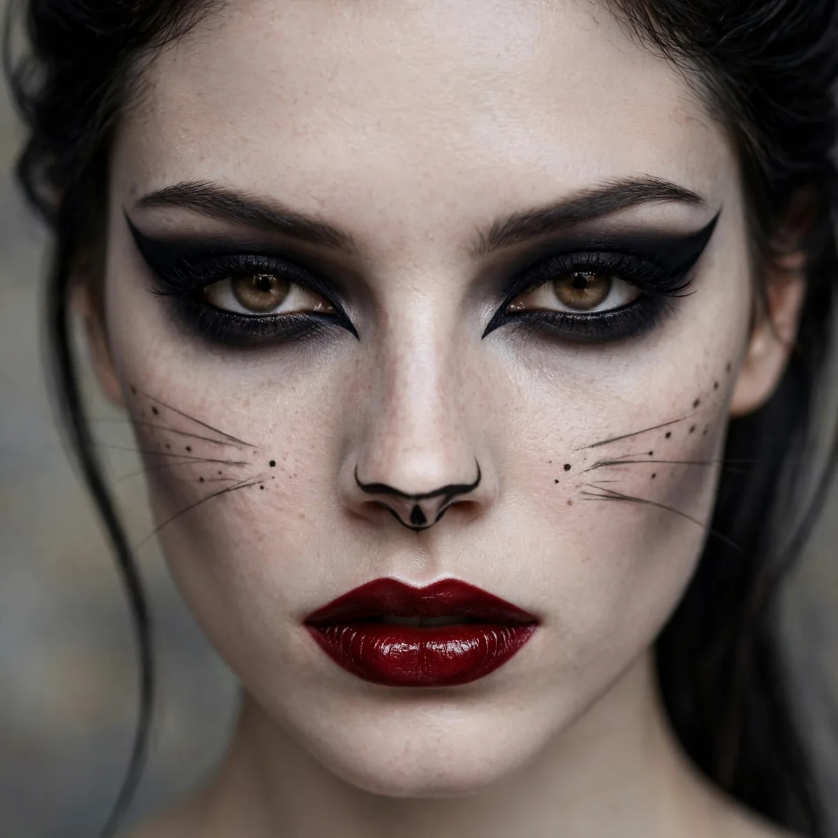 Dark vampire cat makeup with deep red lips and dramatic black eyeliner