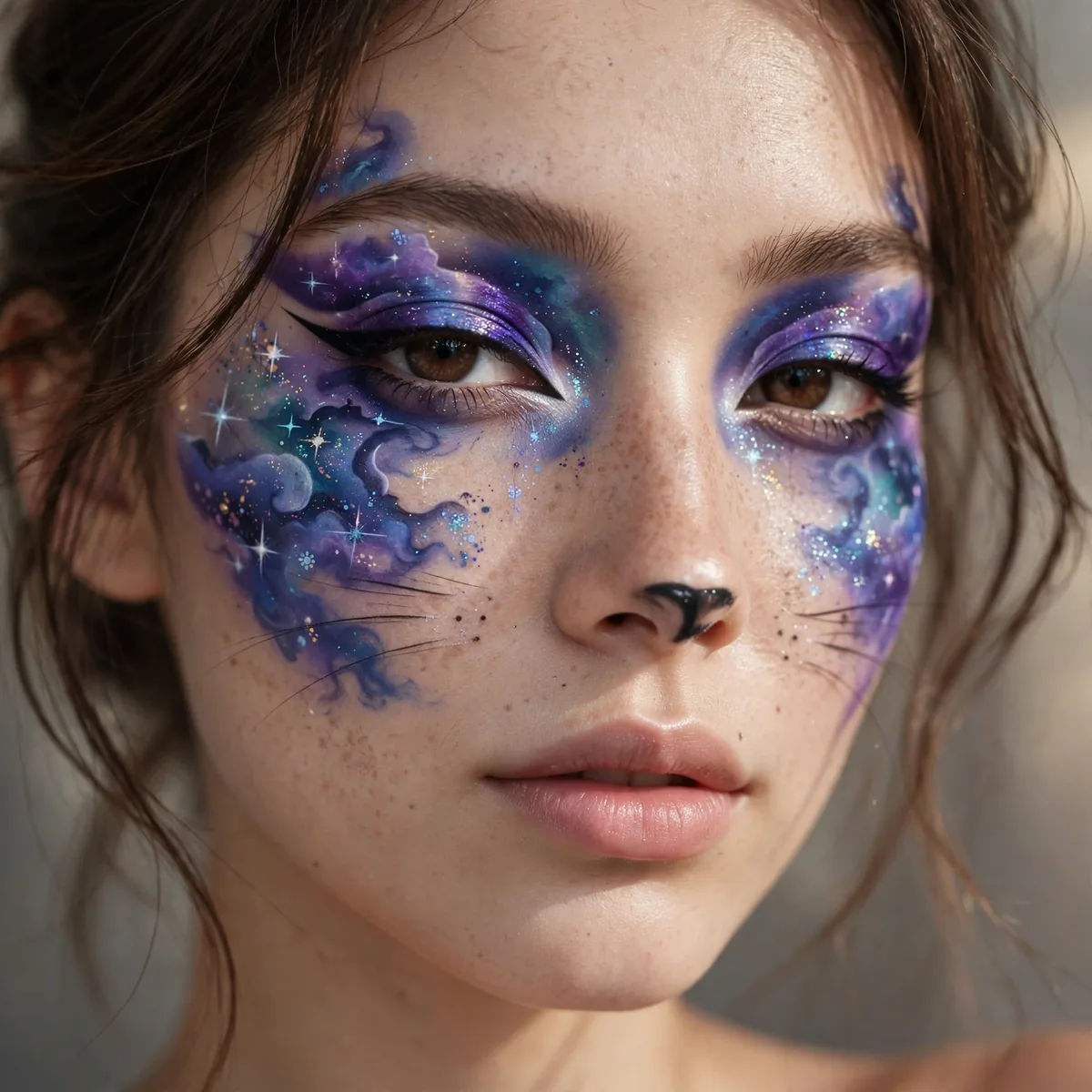 Galaxy themed cat makeup with purple blue nebula colors and star details