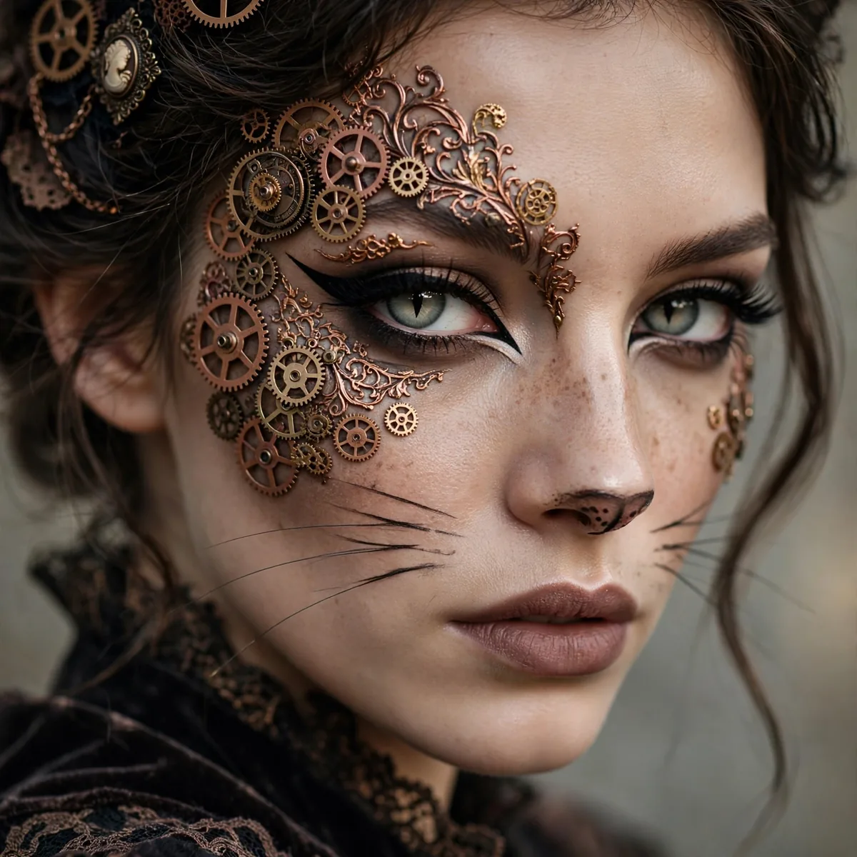 Steampunk cat makeup with bronze gears, copper tones, and Victorian details