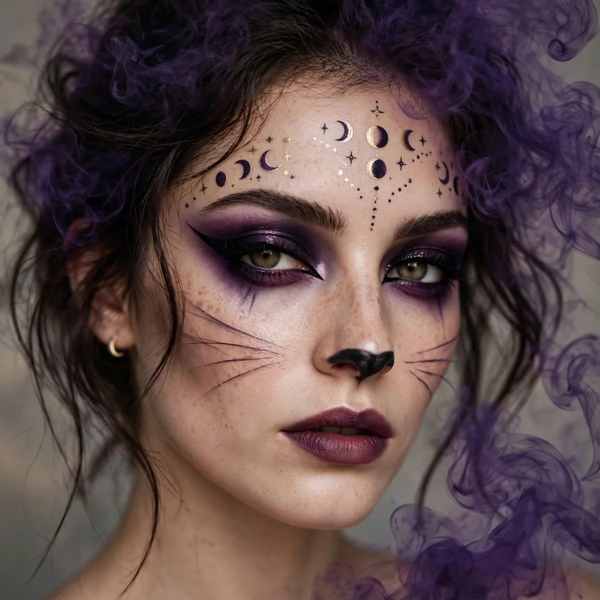 Witchy black cat makeup with dark purple smoke and mystical moon details