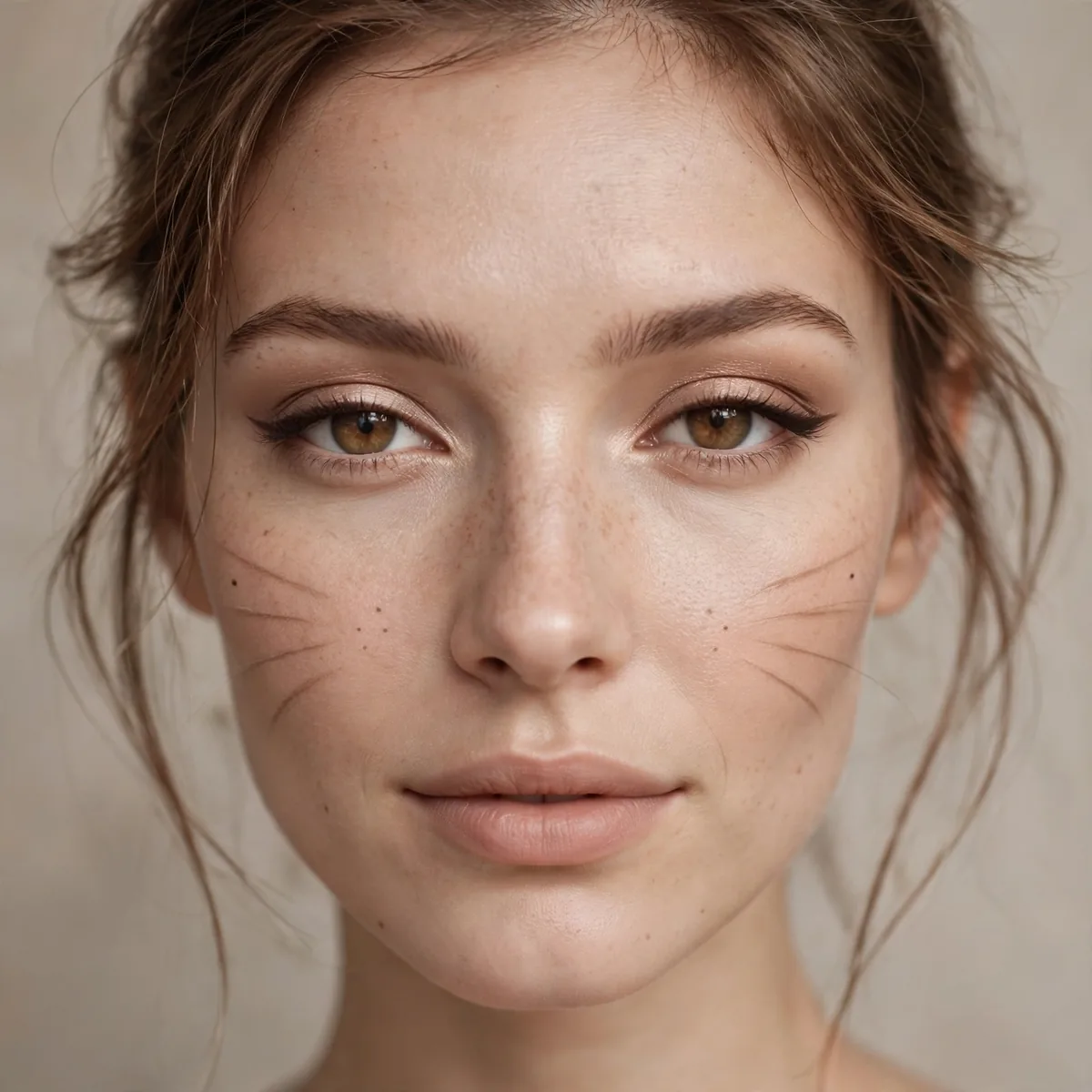 Soft glamorous kitten makeup with nude tones and subtle whisker details