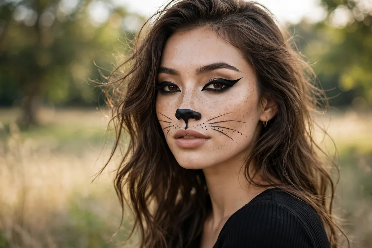 Woman wearing classic black cat Halloween makeup with winged liner, whiskers, and a painted nose