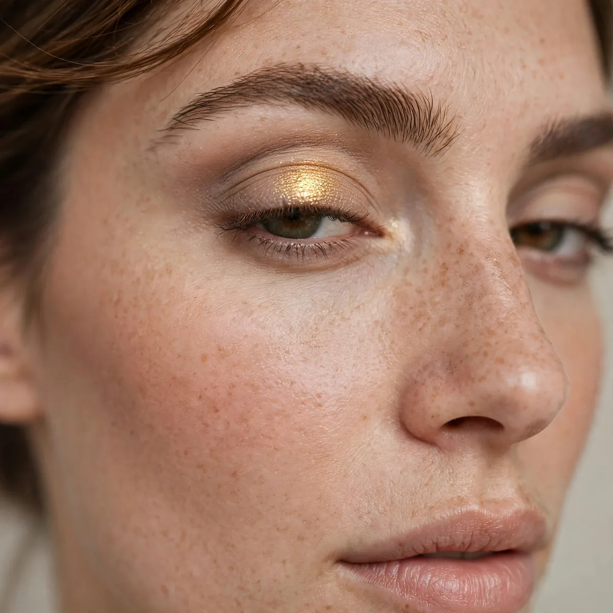 Golden eyeshadow popped on the center of the eyelid for beginners