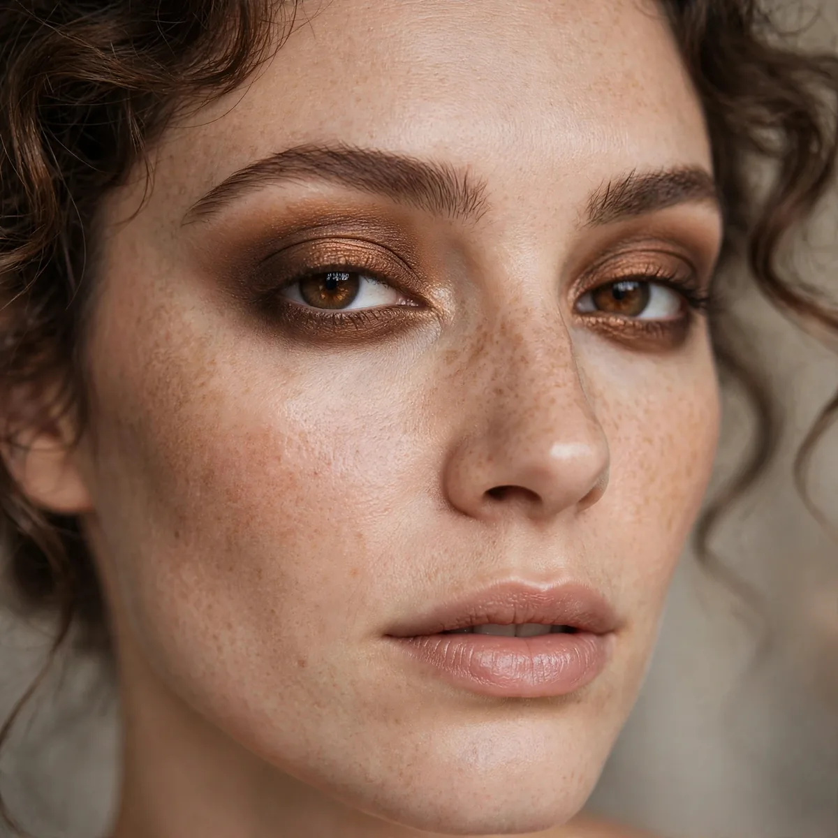 Bronze eyeshadow smudged along the lash line for an easy smokey effect